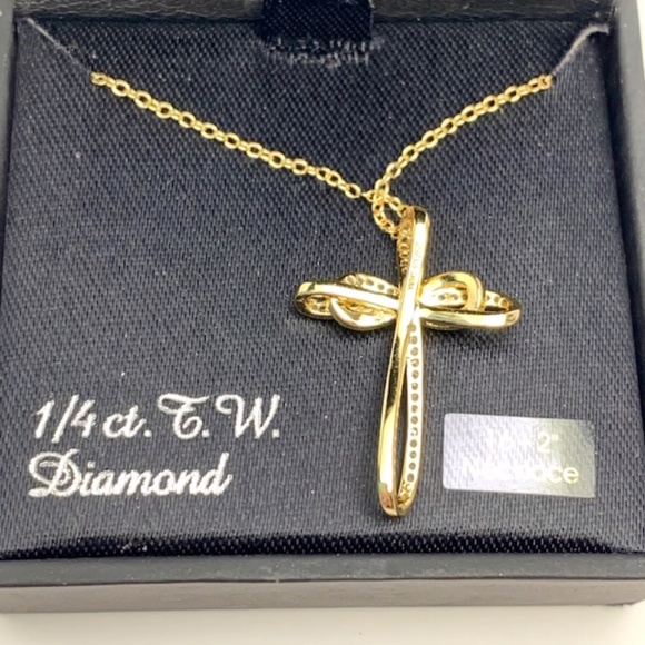 14K GOLD OVER 925 ST SILVER DIAMOND CROSS NECKLACE - Picture 8 of 10